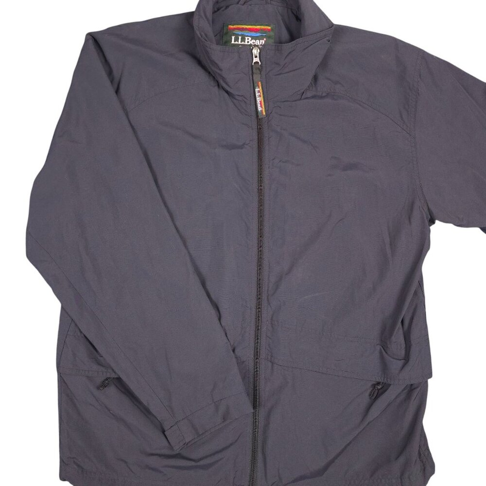 L.L. Bean Mens Navy Nylon hooded Jacket SZ L With Zip Pockets & Adjustable Hem